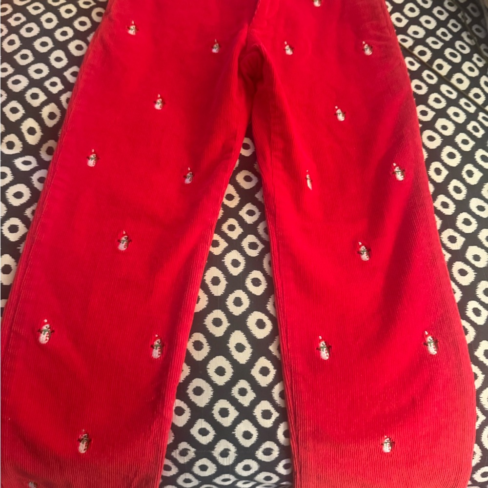 Castaway Red Embroidered Boy Christmas pants with snowmen